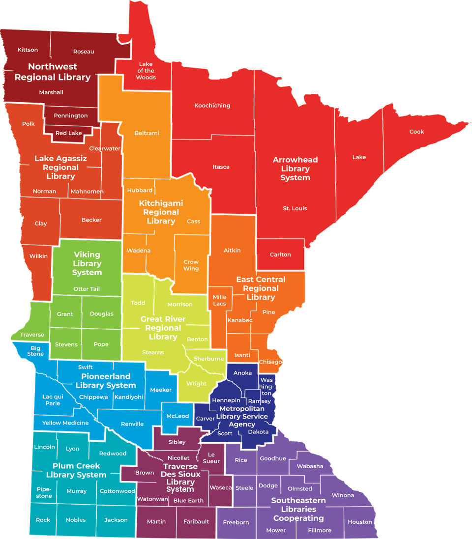 Map of Minnesota showing the service areas of the twelve regional public library systems, color-coded by region and labeled by county.